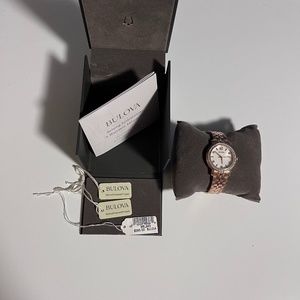 Brand New Bulova Womans Rose Gold Tone Watch With Crystals